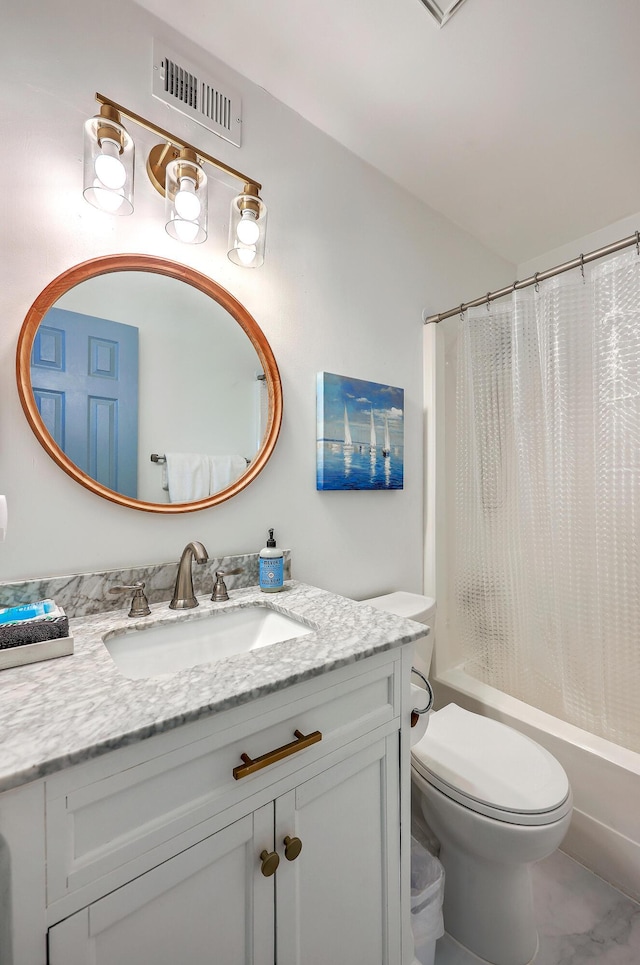 full bathroom with toilet, vanity, and shower / tub combo with curtain