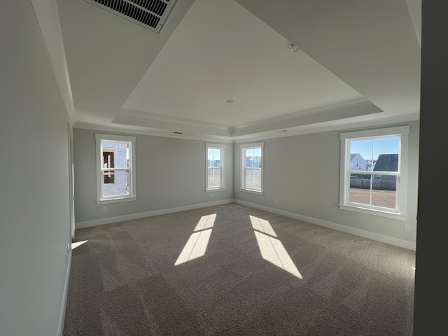 unfurnished room with a raised ceiling and dark carpet