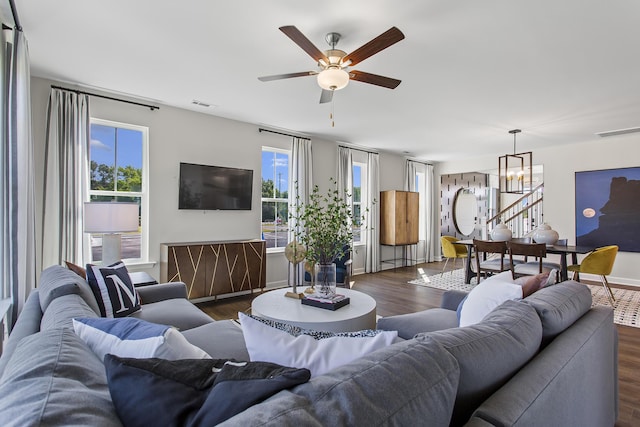 living room featuring ceiling fan with notable chandelier, dark wood-type flooring, and a healthy amount of sunlight