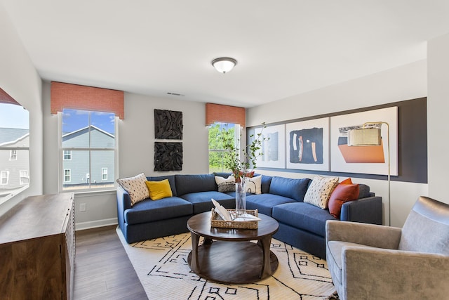 living room featuring dark wood-type flooring