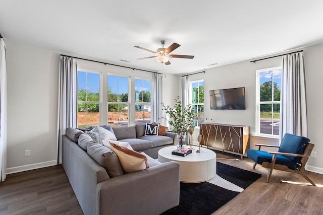 living room featuring ceiling fan, a wealth of natural light, and dark hardwood / wood-style flooring