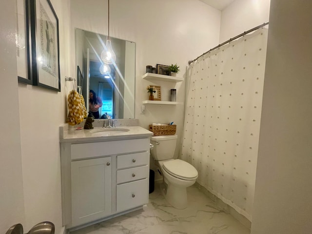 bathroom featuring walk in shower, vanity, and toilet