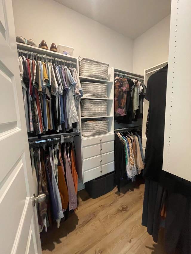 spacious closet with light hardwood / wood-style flooring