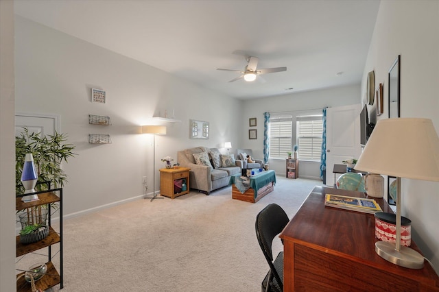143 Daniels Creek Cir, Goose Creek, SC 29445 - living area featuring ceiling fan, light colored carpet, baseboards, and an office area