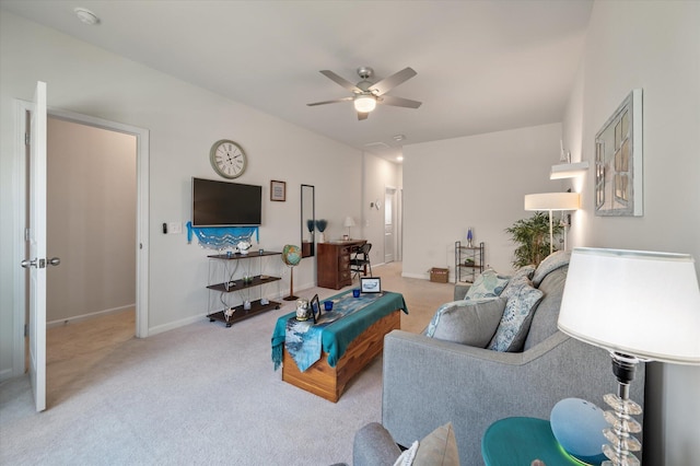 143 Daniels Creek Cir, Goose Creek, SC 29445 - living room with ceiling fan, carpet floors, and baseboards