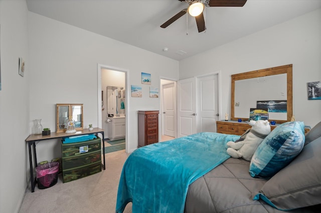 143 Daniels Creek Cir, Goose Creek, SC 29445 - bedroom with light carpet, ensuite bath, and a ceiling fan