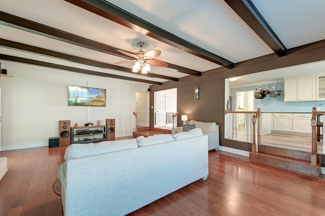 living room featuring beam ceiling, dark wood-type flooring, and ceiling fan with notable chandelier