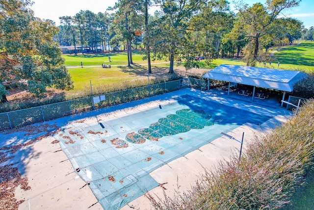 view of swimming pool featuring a gazebo and a lawn