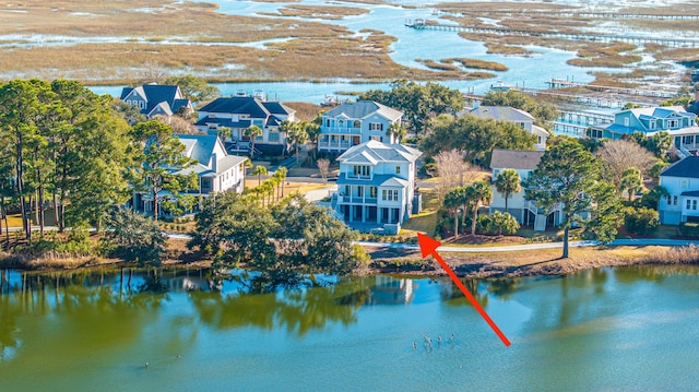 aerial view featuring a water view