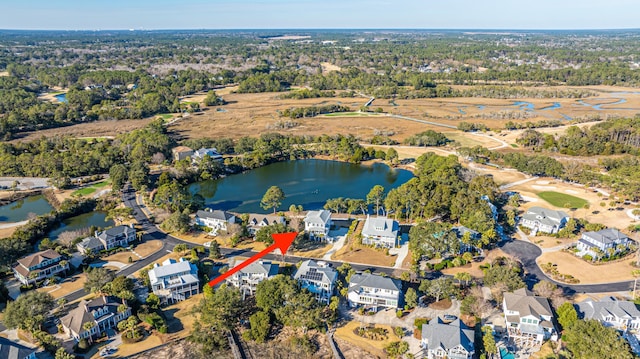 aerial view featuring a water view