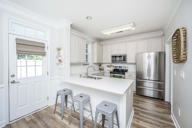 754 Certificate Ct, Charleston, SC 29414 - kitchen with a peninsula, appliances with stainless steel finishes, a sink, and tasteful backsplash