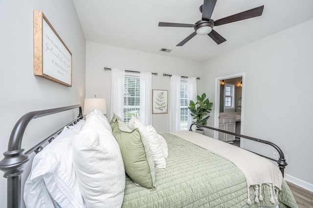754 Certificate Ct, Charleston, SC 29414 - bedroom featuring a ceiling fan, baseboards, ensuite bath, visible vents, and wood finished floors