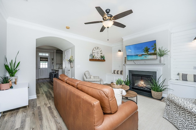 754 Certificate Ct, Charleston, SC 29414 - living room with ornamental molding, ceiling fan, a fireplace with flush hearth, wood finished floors, and arched walkways
