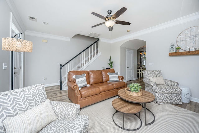 754 Certificate Ct, Charleston, SC 29414 - living room with a ceiling fan, visible vents, stairs, wood finished floors, and arched walkways