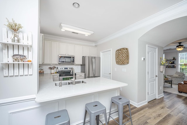754 Certificate Ct, Charleston, SC 29414 - kitchen with a peninsula, a breakfast bar area, ceiling fan, appliances with stainless steel finishes, and decorative backsplash