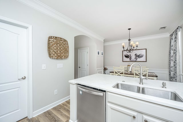754 Certificate Ct, Charleston, SC 29414 - kitchen with a sink, visible vents, dishwasher, light stone counters, and ornamental molding