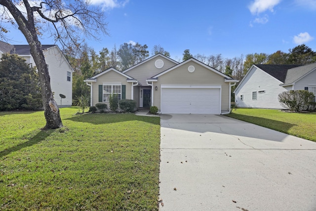 single story home featuring a front yard and a garage