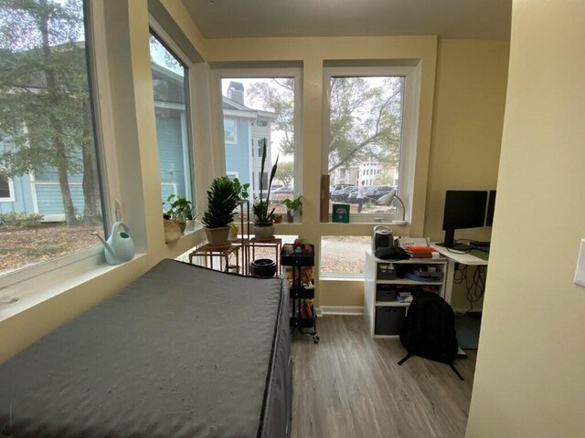 home office featuring baseboards and wood finished floors