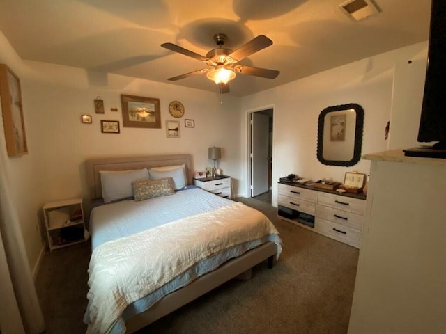 bedroom featuring visible vents, dark carpet, and a ceiling fan