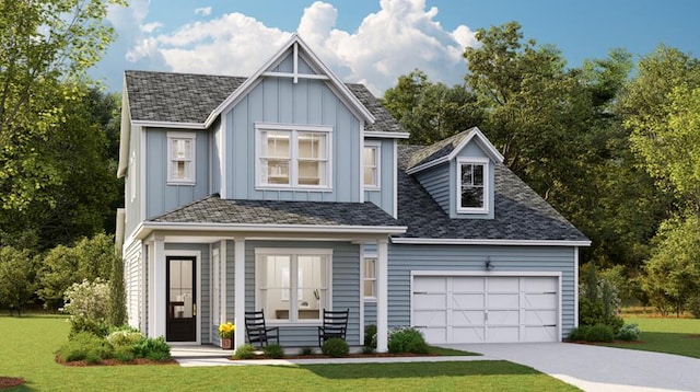 view of front of property with board and batten siding, a front lawn, concrete driveway, and roof with shingles
