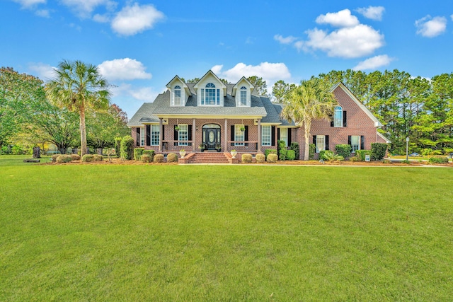 new england style home with covered porch and a front yard