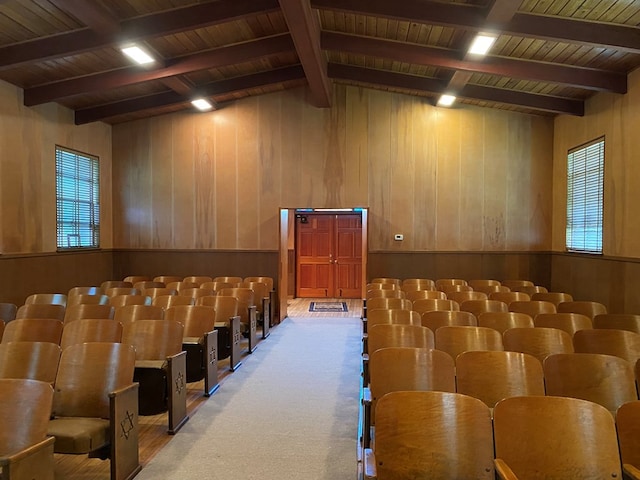 home theater featuring wood walls, wood-type flooring, wooden ceiling, and lofted ceiling with beams