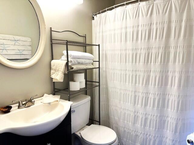 bathroom with curtained shower, vanity, and toilet