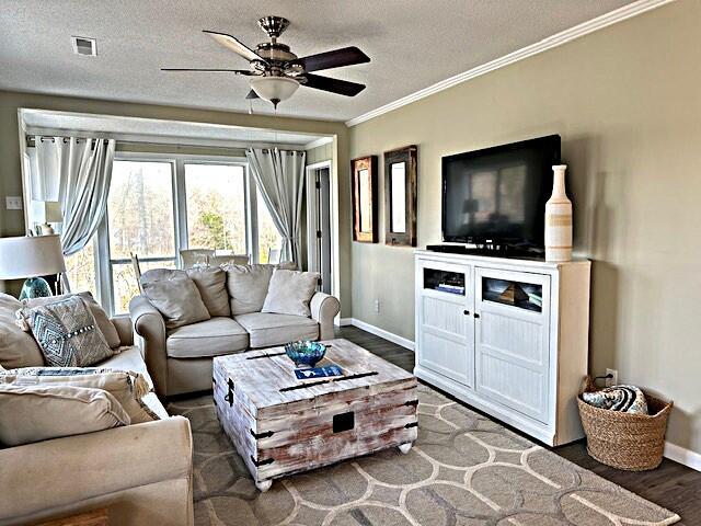 living area featuring visible vents, dark wood finished floors, a textured ceiling, and ornamental molding