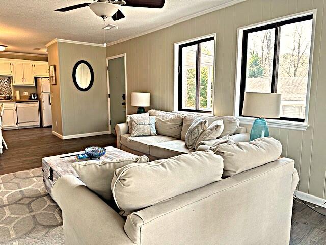 living room with dark wood-style floors, ornamental molding, ceiling fan, a textured ceiling, and baseboards