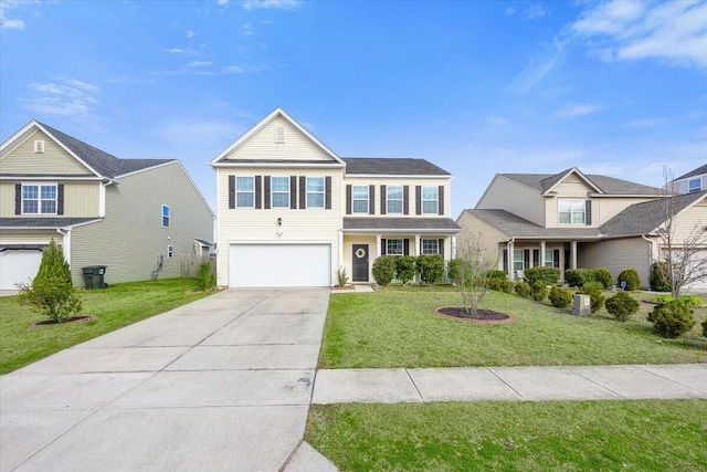 traditional home featuring concrete driveway, a front lawn, and an attached garage