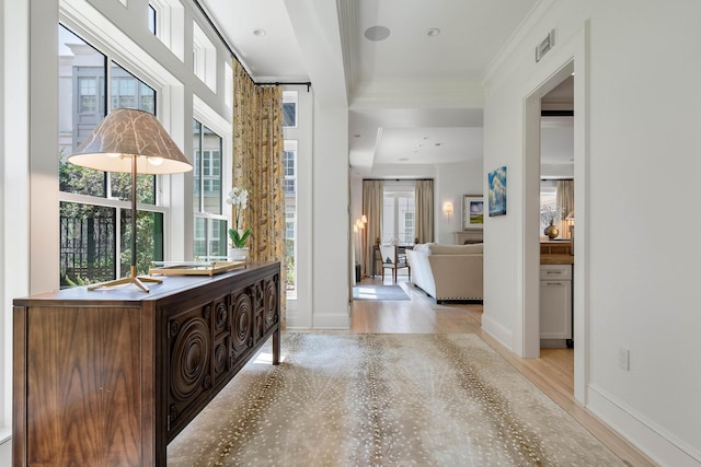 32 Prioleau St Unit J, Charleston, SC 29401 - hall with wood finished floors, crown molding, and plenty of natural light