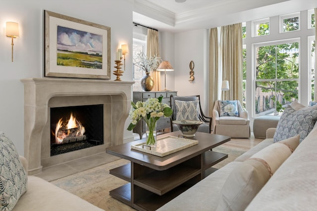 32 Prioleau St Unit J, Charleston, SC 29401 - living room with crown molding, a high end fireplace, and a raised ceiling