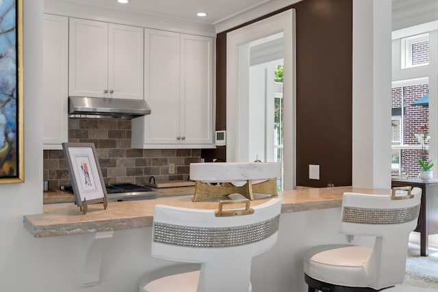 32 Prioleau St Unit J, Charleston, SC 29401 - kitchen featuring under cabinet range hood, decorative backsplash, light countertops, a breakfast bar area, and white cabinetry