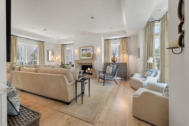 32 Prioleau St Unit J, Charleston, SC 29401 - living area with a lit fireplace, plenty of natural light, and light wood-style floors