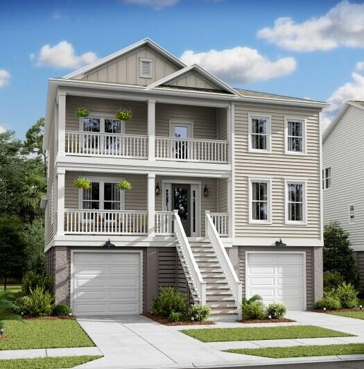 beach home featuring board and batten siding, driveway, stairs, and an attached garage