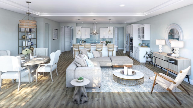 living area featuring baseboards, ornamental molding, recessed lighting, and dark wood-style flooring