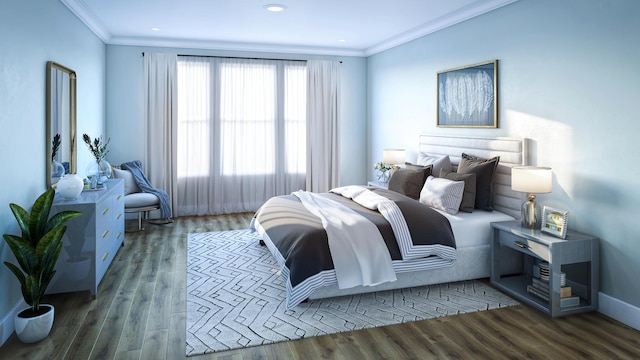 bedroom with baseboards, wood finished floors, and crown molding
