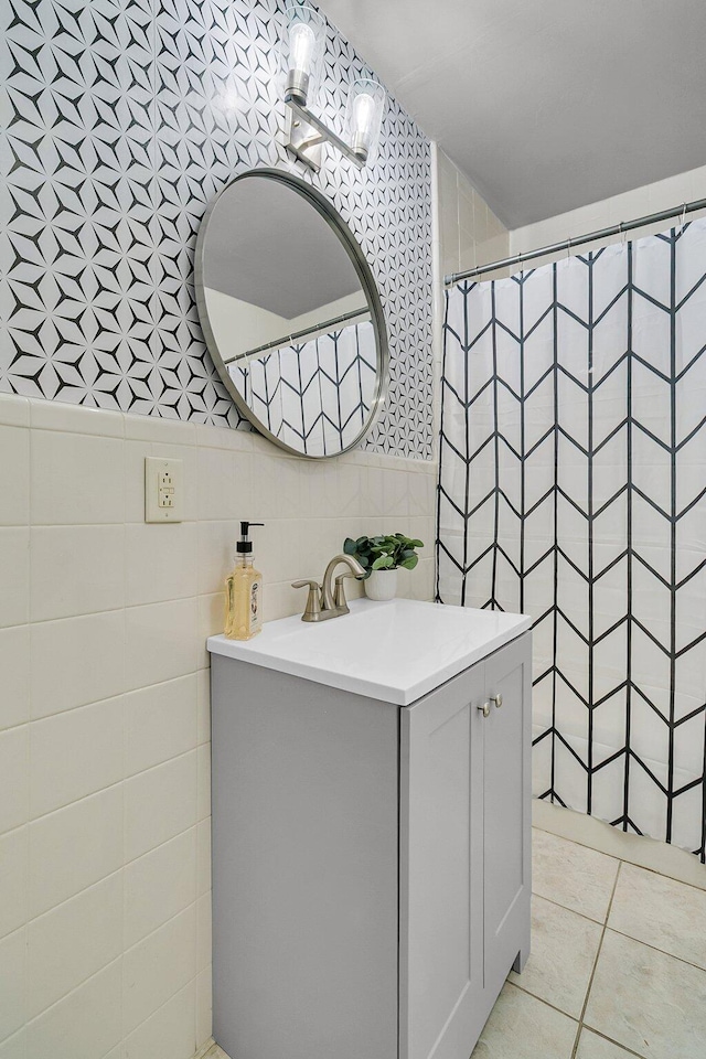 2215 Suffolk St, North Charleston, SC 29405 - bathroom featuring tile walls, vanity, a shower with shower curtain, and tile patterned flooring