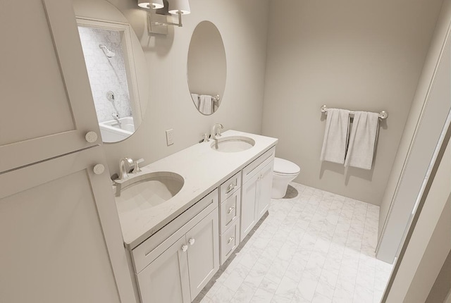 bathroom featuring double vanity, marble finish floor, a sink, and toilet