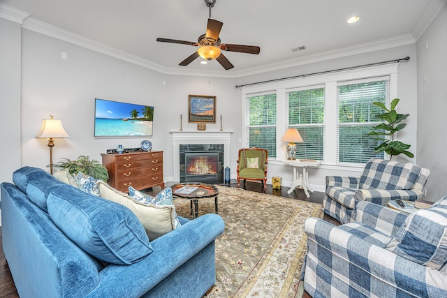 3769 Maidstone Dr, Mount Pleasant, SC 29466 - living room featuring a ceiling fan, ornamental molding, wood finished floors, a premium fireplace, and recessed lighting