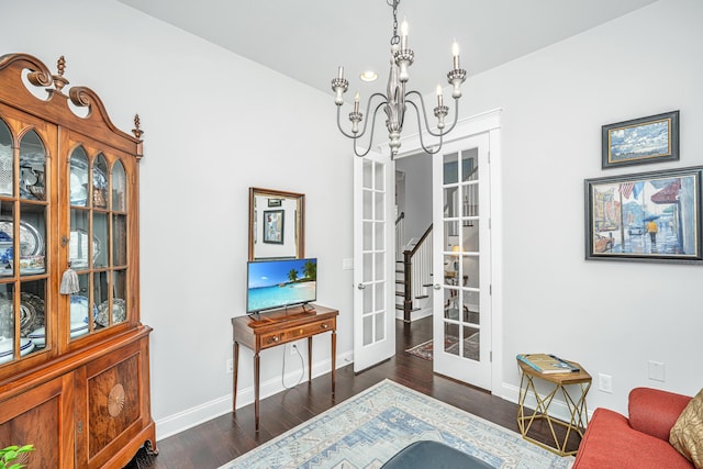 3769 Maidstone Dr, Mount Pleasant, SC 29466 - living area featuring a chandelier, french doors, wood finished floors, and baseboards