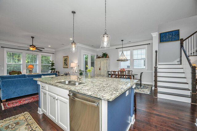 3769 Maidstone Dr, Mount Pleasant, SC 29466 - kitchen with dishwasher, a sink, dark wood-style flooring, a ceiling fan, and crown molding