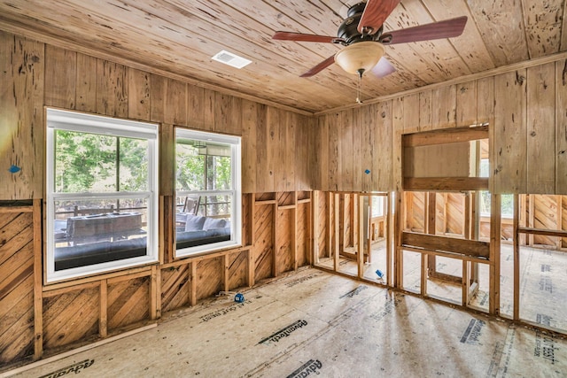 empty room featuring wood ceiling, wooden walls, and ceiling fan