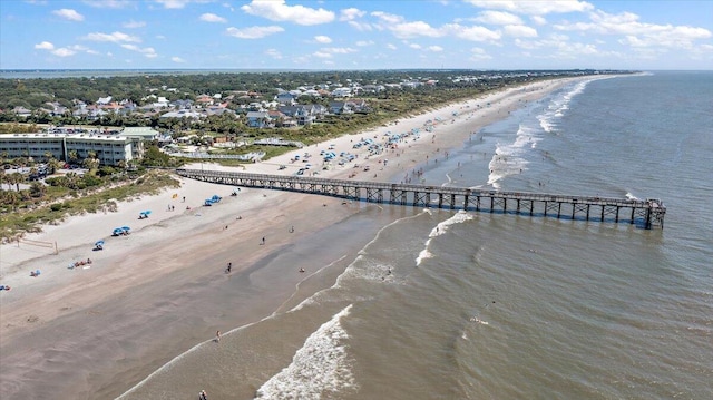 aerial view featuring a view of the beach and a water view