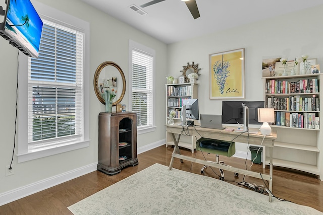 office area with ceiling fan, wood finished floors, visible vents, and baseboards