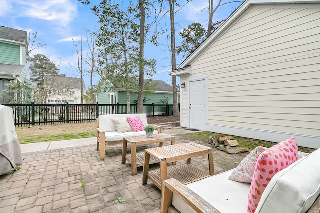 view of patio with a fenced backyard and an outdoor hangout area