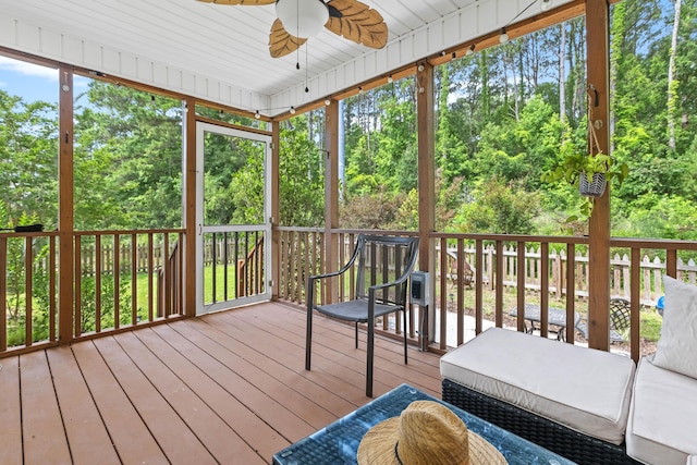 340 Stefan Dr, Charleston, SC 29412 - sunroom / solarium featuring a ceiling fan and view of scattered trees