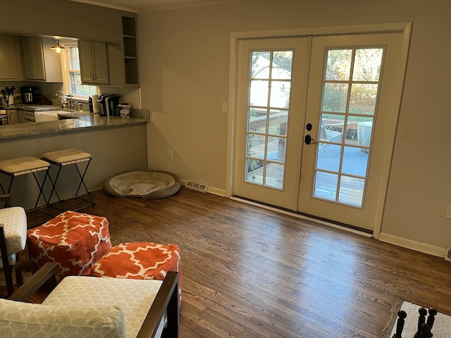 interior space with crown molding, french doors, dark wood-type flooring, and sink