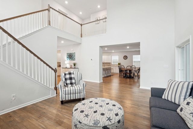 living room featuring a towering ceiling and dark hardwood / wood-style floors