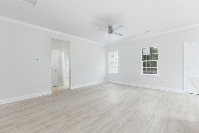 unfurnished room with ceiling fan, ornamental molding, and light wood-type flooring